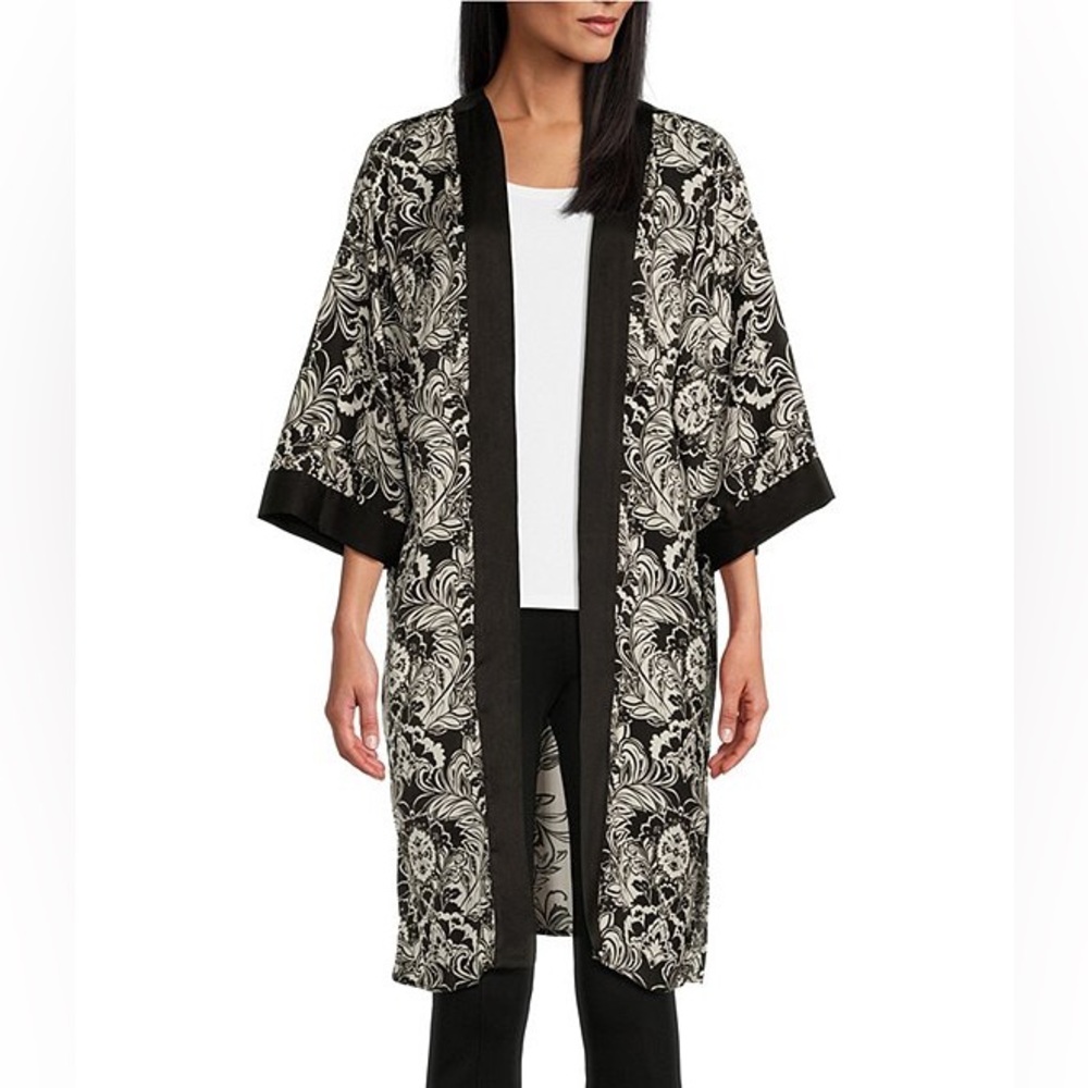🎩🗝️NWT $89 Slim Factor by Investments Stylized Floral Print 3/4 Sleeve Kimono
